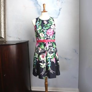 Eliza J Fit & Flare Floral Midi Dress Pockets Belt